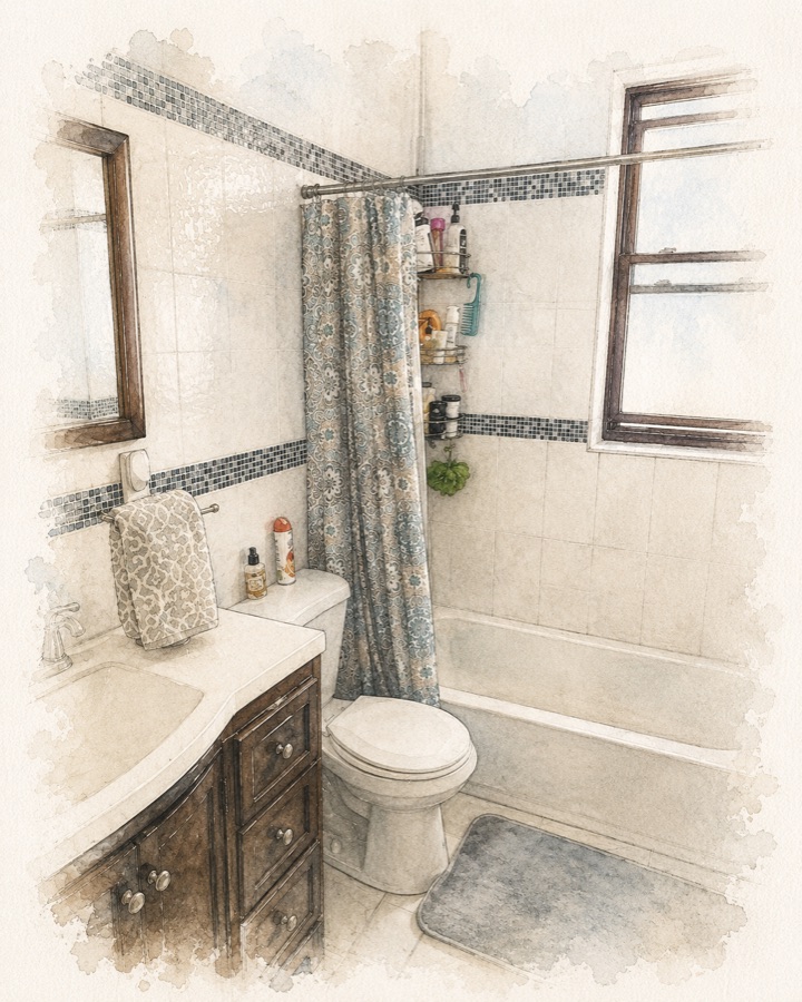The shared bathroom with a tub