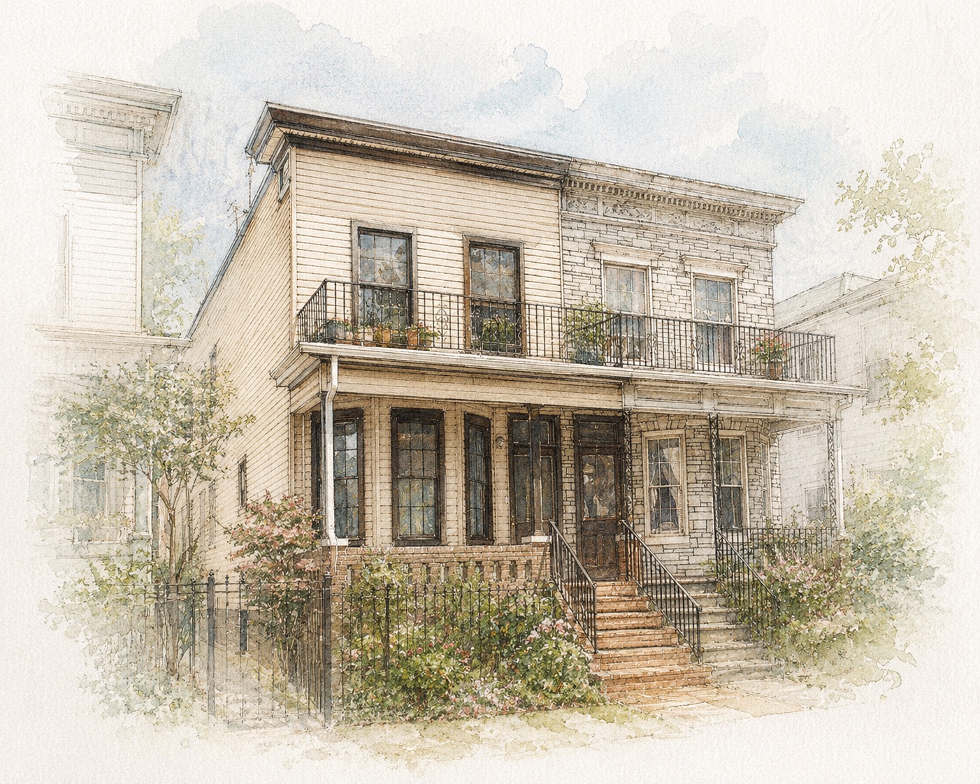 Watercolor illustration of Flatbush Cottage, a two-family wood-and-brick house with a front porch