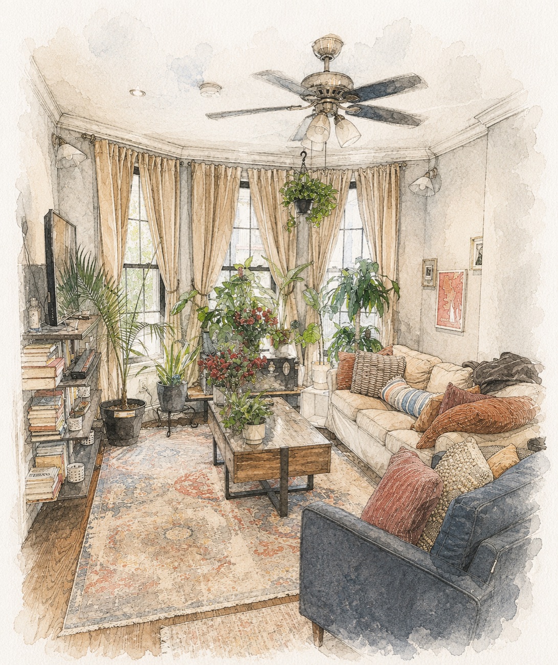 Living room with plants and bay windows