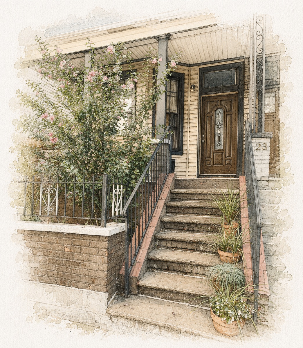 The front stoop and door of the house in summer